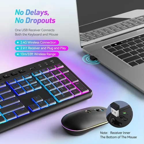 Vista 3 de Combo de teclado y mouse inalámbricos con retroiluminación, 2.4G de tamaño completo, ergonómico, recargable, teclado de computadora con soporte