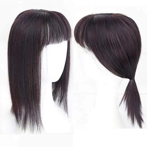 Vista 8 de Parte media recta para cabello con flequillo limpio para cabello fino para mujer, postizo de frente de 14 pulgadas, marrón oscuro