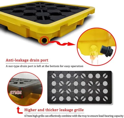 Vista 6 de Industrial Spill Containment Pallet Tray - 2Pc Modular Sump with Drain & Grating Heavy-Duty Bucket Tray for Sliquid Storage/Yellow-1Pcs/121 * 61 *