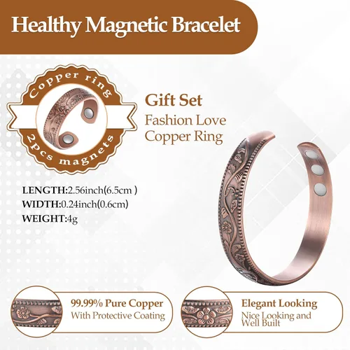 Vista 3 de Jecanori Pulsera de cobre puro y anillo de cobre para mujeres y hombres, pulsera de flores vintage, regalos del día de San Valentín, Metal, Sin
