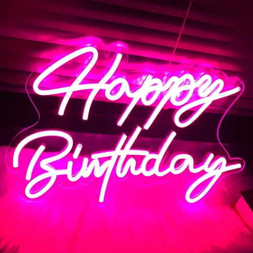 Vista 3 de Letrero de neón de feliz cumpleaños, reutilizable, luz LED de neón rosa, decoración de fiesta de cumpleaños, funciona con USB, decorativo para telón
