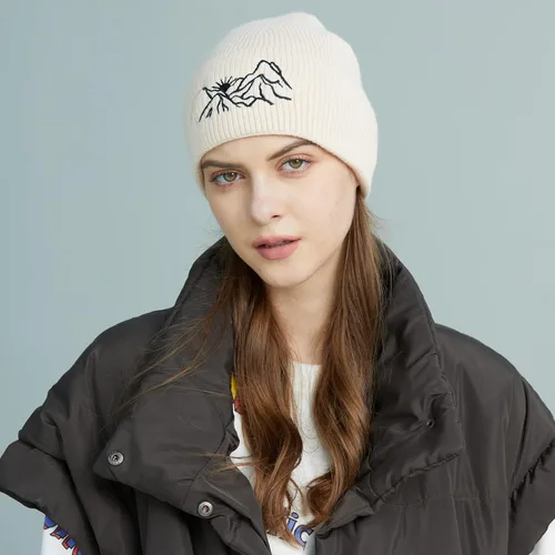 Vista 6 de MUQU Gorros para hombre diseño de gorro con bordado de montaña gorro de punto cálido de invierno gorros con puños
