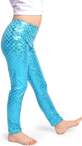Vista 4 de YgneeDom Leggings de sirena para niños y niñas, pantalones metálicos brillantes para fiesta de baile de Halloween
