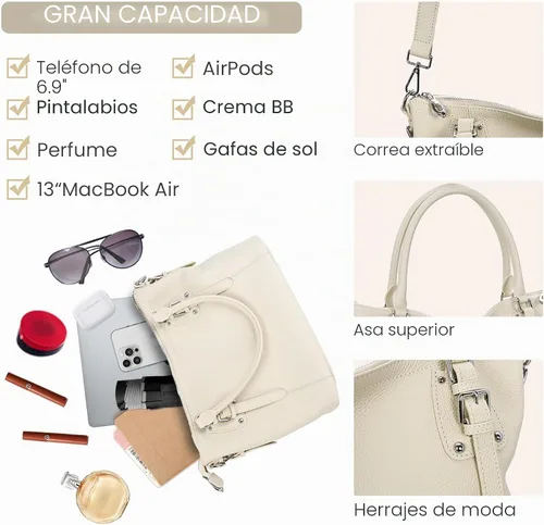 Vista 5 de HESHE - Carteras y bolsos de cuero genuino para mujer, bolso de mano, bolso de hombro, bolso de asa superior, bolso cruzado, bolso tipo morral Beige