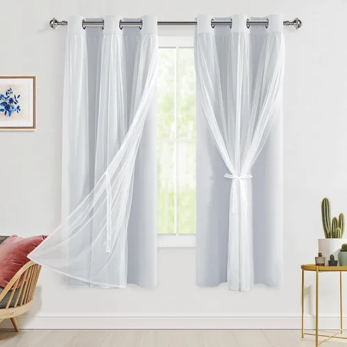 Vista 107 de Hiasan Cortinas opacas con superposición transparente, aislamiento térmico para mezclar y combinar de doble capa, cortinas de oscurecimiento de Beige
