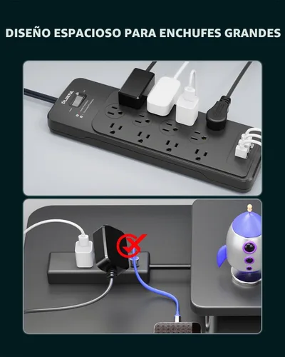 Vista 5 de Regleta protectora de sobretensiones de 5 pies (4080J), protector de sobretensiones negro con 12 tomas, diseño espacioso para enchufes grandes