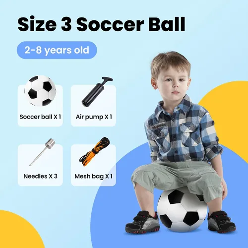 Vista 3 de INPODAK Balón de fútbol para niños pequeños, tamaño 3, pelotas clásicas en blanco y negro para niños de 2 a 8 años con bomba, bolsa de malla y caja