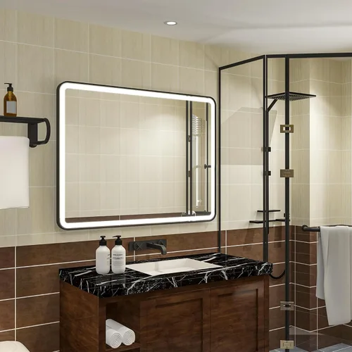Vista 2 de WELLFOR Espejo LED enmarcado de 48 pulgadas de ancho x 36 pulgadas de largo, espejo rectangular de esquina redondeada de metal con luces para baño