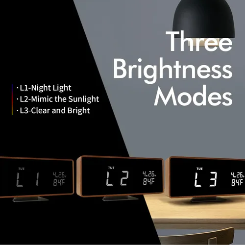 Vista 2 de Reloj despertador digital de madera con altavoz Bluetooth, fecha de temperatura, relojes digitales eléctricos inteligentes, relojes de noche con luz