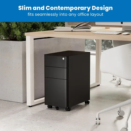 Vista 4 de Mount-It! Archivador delgado de 3 cajones con cerradura, archivador móvil de metal sobre ruedas para almacenamiento debajo del escritorio, hogar