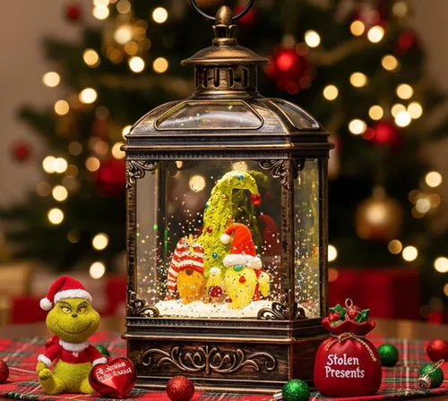 Vista 34 de Globo de nieve navideño con agua brillante, escena de cardenal con música y temporizador, linterna iluminada con USB/operada por batería