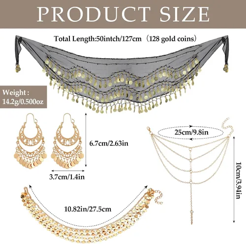 Vista 5 de Sureio 4 piezas de accesorios de disfraz gitano accesorios de danza del vientre, bufanda de cadera, cinturón envolvente, aretes de gota, cadena