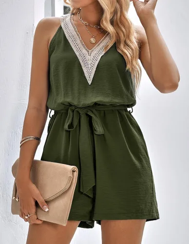 Vista 3 de Mitid Enterizo de verano para mujer, cuello en V, para playa, casual, sin mangas, a la moda, lindo overol para mujer