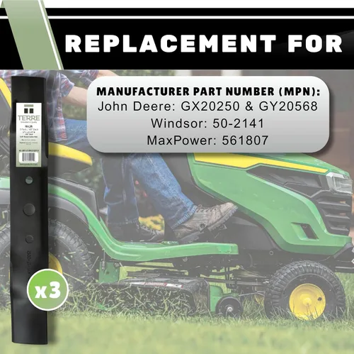 Vista 2 de Terre Products, paquete de 3 cuchillas para cortacésped de alta elevación, cubierta de 48 pulgadas, compatible con John Deere L120, L130, L2048