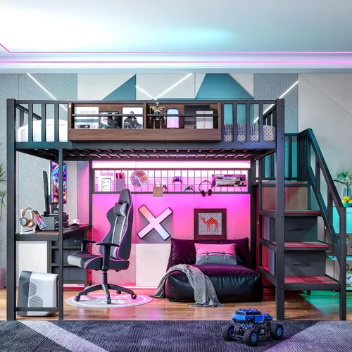 Vista 11 de MERITLINE Cama loft para juegos de tamaño matrimonial con escritorio y Negro