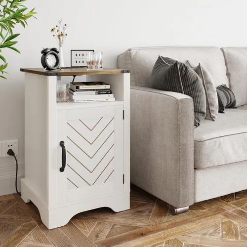 Vista 19 de FansaFurn Farmhouse - Mesa auxiliar con estación de carga para dormitorio Mesitas de noche rústicas blancas con armario de almacenamiento y Blanco