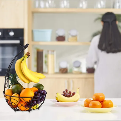 Vista 6 de Buruis Cesta de frutas de metal con soporte para plátano, diseño de pájaros Negro
