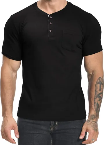 Vista 4 de MLANM Mens Fashion Henley Shirts Short Sleeve Button Cotton T-Shirt