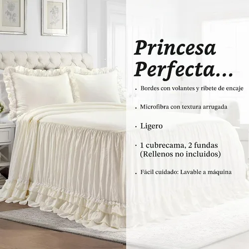 Vista 6 de Lush Decor Ella Ruffle Colcha de Encaje con Volantes, Juego de 3 Piezas, King, Marfil - Bonito Juego de Cama - Ropa de Cama King - Ropa de Cama