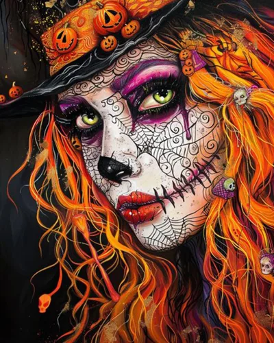 Vista 31 de Pintura por números retrato de niña con sombrero de mago Tucocoo, pintura DIY en lienzo con pinceles, pinturas acrílicas, calabaza de Halloween