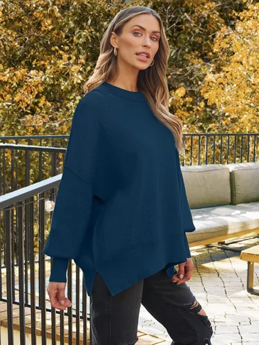 Vista 153 de Lillusory - Suéter extragrande con mangas de murciélago y cuello redondo para mujer, prenda moderna de otoño de tejido de punto sin botones