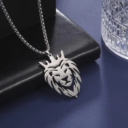 Vista 4 de UNIFT Collar de león para hombre, de acero inoxidable, estilo hueco, cabeza de león, dije de moda, dije de cabeza de león, caja de cadena, joyería