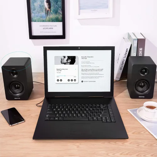 Vista 5 de Sanyun SW208 bocinas de estantería activas Bluetooth 5.0 de 3" – Unidad de altavoz de fibra de carbono de 60W - DAC de 24 bits incorporado - Sonido