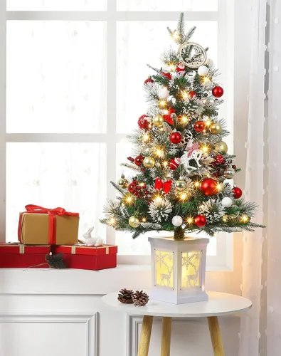 Vista 3 de Árbol de Navidad artificial preiluminado de 3 pies con luces, con base de copo de nieve, 78 luces LED, funciona con pilas, temporizador, fácil