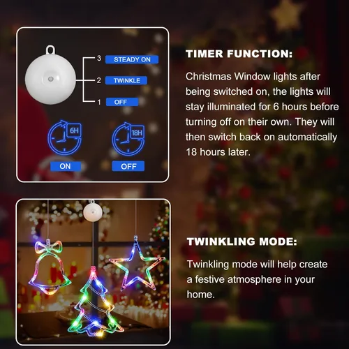 Vista 2 de LYUBASA Paquete de 3 luces de Navidad para ventana con temporizador, alimentadas por baterías, lechón LED multicolor para árbol de Navidad