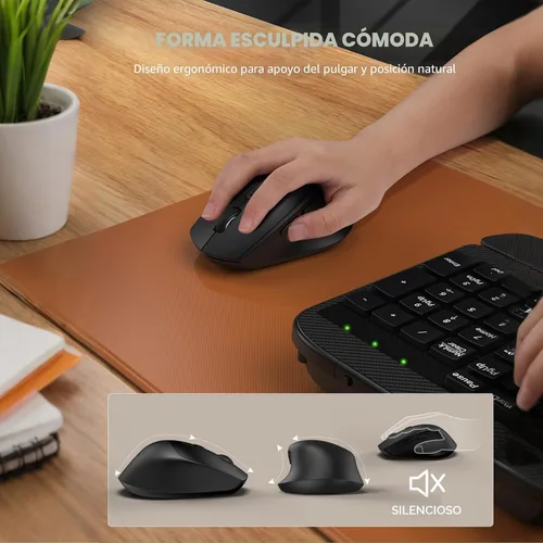 Vista 7 de Juego de teclado y mouse inalámbrico, teclas de onda de tamaño completo, teclado ergonómico con reposa muñecas acolchado, soporte para teléfono