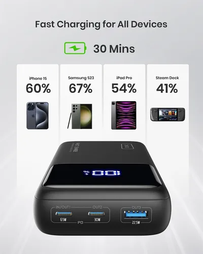 Vista 4 de INIU Banco de energía, 25000mAh 65W USB C cargador portátil y cargador inalámbrico, estación de carga inalámbrica rápida con certificación Qi de 15 W