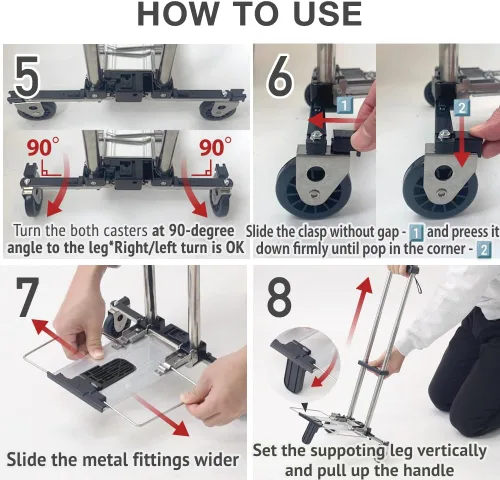 Vista 7 de Japard Carrito de transporte plegable, carrito de equipaje con 2 ruedas de una manera, compacto para carrito de viaje escolar con cuerda elástica