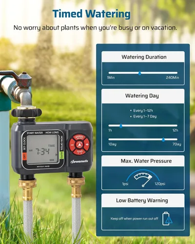 Vista 3 de DEWENWILS Temporizador de manguera de agua de 2 zonas: temporizador de rociador programable con retardo de lluvia, riego manual y riego automático