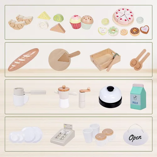 Vista 2 de Juego de madera para cafetería, tienda de comestibles de simulación con alimentos de juguete, 37 PCS Soporte realista de sessert para panadería
