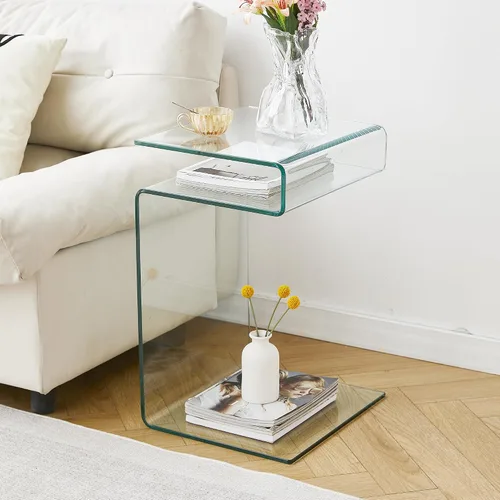 Vista 3 de Mesita de noche de cristal, mesas de noche en forma de S para dormitorio, mesa auxiliar pequeña y moderna transparente para sala de estar, mesa