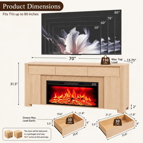 Vista 5 de Soporte de TV con chimenea de 70 pulgadas para televisores de 80 pulgadas Natural