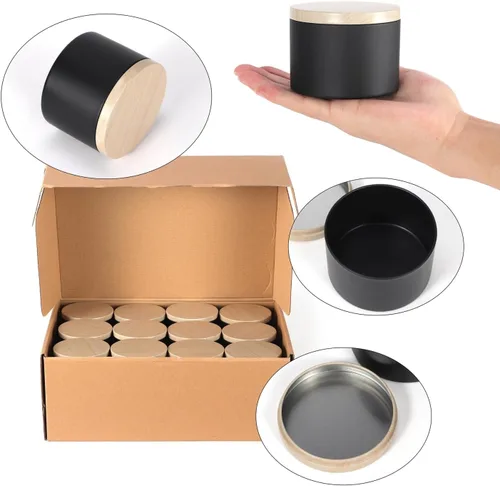 Vista 8 de SONVIIBOX 24 latas de velas de 4 onzas, latas negras con tapas de metal de grano de madera, tarros de velas para hacer velas a granel, tarros