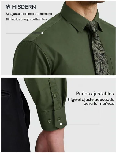 Vista 6 de HISDERN Mens Dress Shirt with Tie Pocket Square Set Classic Button Down Shirt Matching Tie Long Sleeve Shirts 08-verde