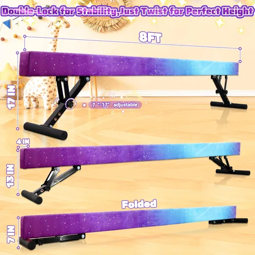 Vista 2 de FC Funcheer - Viga de equilibrio ajustable para niños - Viga de gimnasia de 8 pies - Viga de piso alto y bajo para todos los niveles de gimnasia