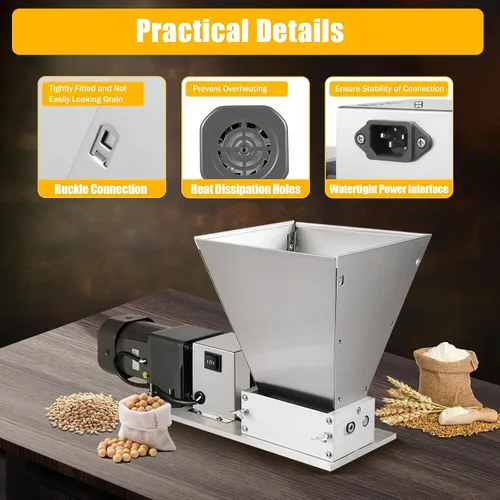 Vista 3 de Molinillo eléctrico de grano con rodillos ajustables, molinillo de cebada, trituradora de malta, molino de grano eléctrico de 110 V, 60 W