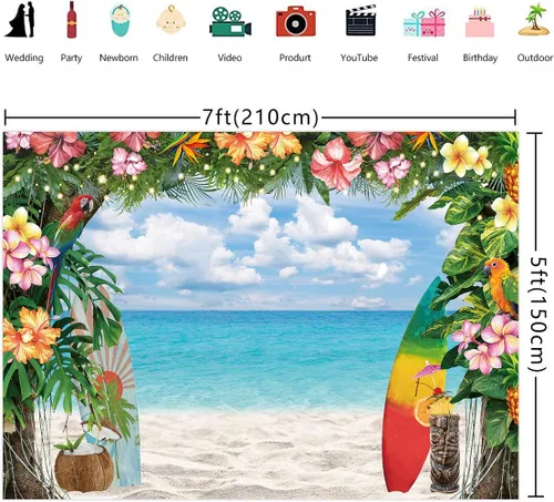 Vista 5 de Fondo de playa hawaiana para verano, flores tropicales, fondo de fotografía Luau, tabla de surf, cielo azul, hojas de palma, Aloha, decoraciones