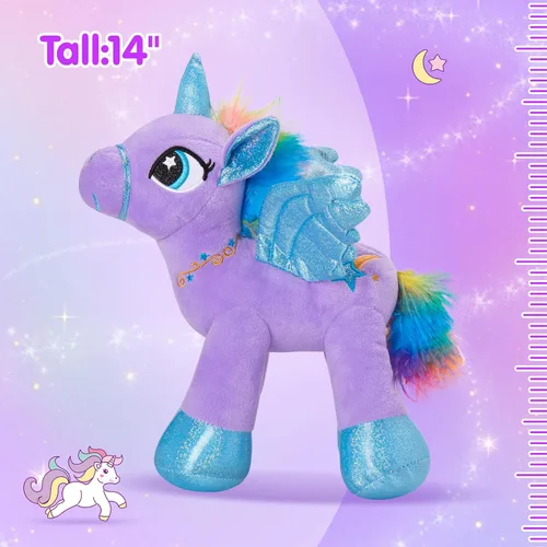 Vista 4 de Houwsbaby Peluche de unicornio con luz LED púrpura de 14 pulgadas, juguete de peluche de unicornio, juguete de peluche de caballo brillante, luz