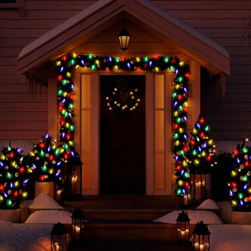 Vista 6 de 39 pies 100 luces LED solares C6 LED de Navidad – al aire libre, 8 modos C6 fresa multicolor cadena de luces para árbol de Navidad, vacaciones