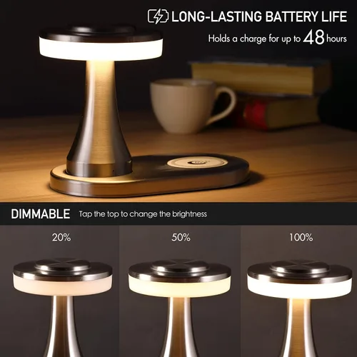 Vista 4 de O'Bright - Lámpara de mesa LED portátil con almohadilla de carga inalámbrica, lámpara de noche regulable y recargable, luz ambiental para plateado