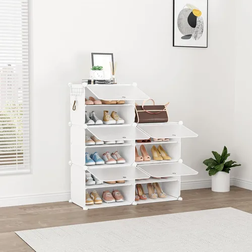 Vista 4 de Zapatero de 10 niveles para almacenamiento de 20 pares de zapatos con puerta, organizador de zapatos alto de plástico, libre de pie, expandible
