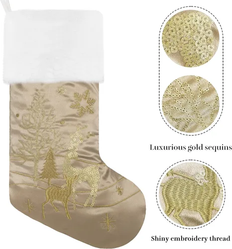 Vista 4 de GEX Medias de Navidad Paquete de 6 para Familia 20" Grandes Lentejuelas Doradas de Seda con Suave Piel Sintética Bordada Decoraciones Clásicas