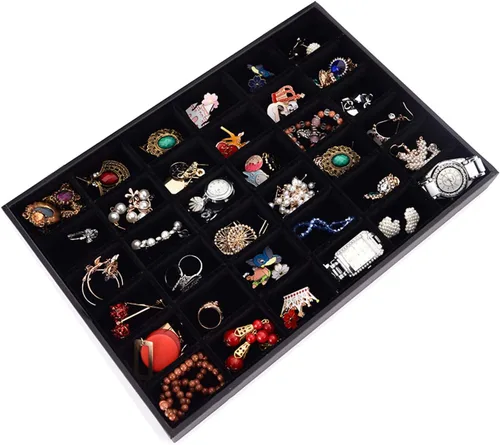 Vista 5 de Bandeja apilable de terciopelo negro con 36 compartimentos, organizador de exhibición, caja de almacenamiento rectangular, caja de almacenamiento