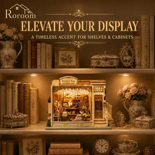 Vista 4 de Roroom Kit de casa en miniatura para bricolaje, kit de rincón de libro de cuento de Vitrine con luz LED, rompecabezas de madera 3D, kit de casa