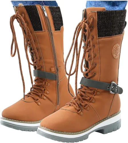 Vista 6 de ZBYY Botas vaqueras de media pantorrilla para mujer, tacón bajo grueso, botas de combate occidental, botas de invierno con punta redonda, sin