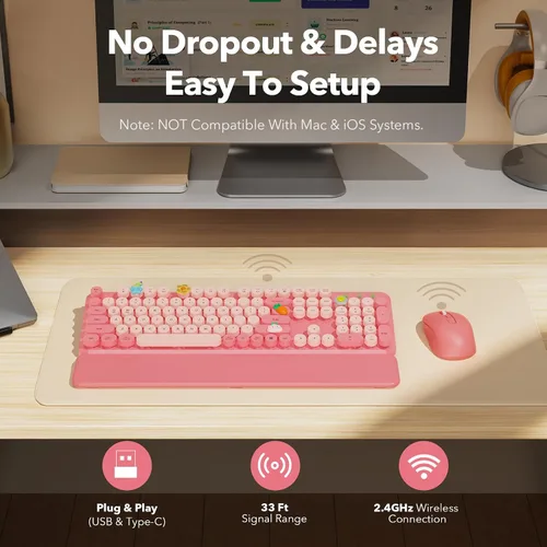 Vista 7 de Combo de teclado y mouse inalámbricos, teclado retro con teclas redondas, teclado estilo máquina de escribir de tamaño completo con reposamuñecas